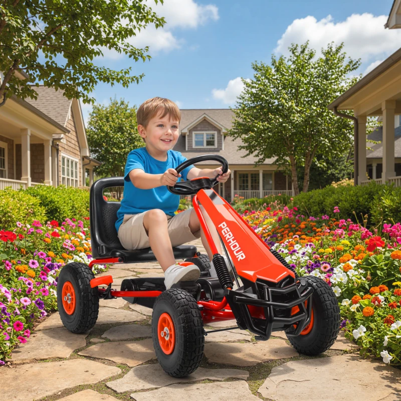 Qaba Kids Go Kart, Pedal Car with Adjustable Seat, EVA Wheels, Brake, for Boys & Girls Aged 3-8 Years Old, Red