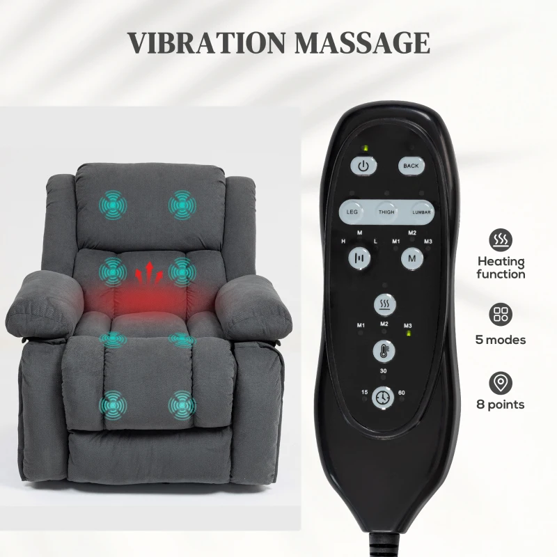 HOMCOM Overstuffed Power Lift Recliner Chair with Vibration Massage and Heat, Side Pockets, Pocket Spring, for Adults, Gray