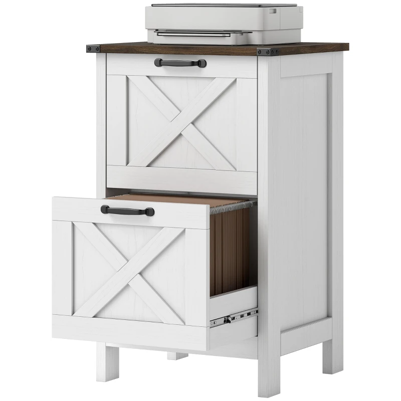 HOMCOM Vertical File Cabinet with 2 Drawers, Rustic Farmhouse Office Storage Cabinet for A4, Letter Size, Distressed White