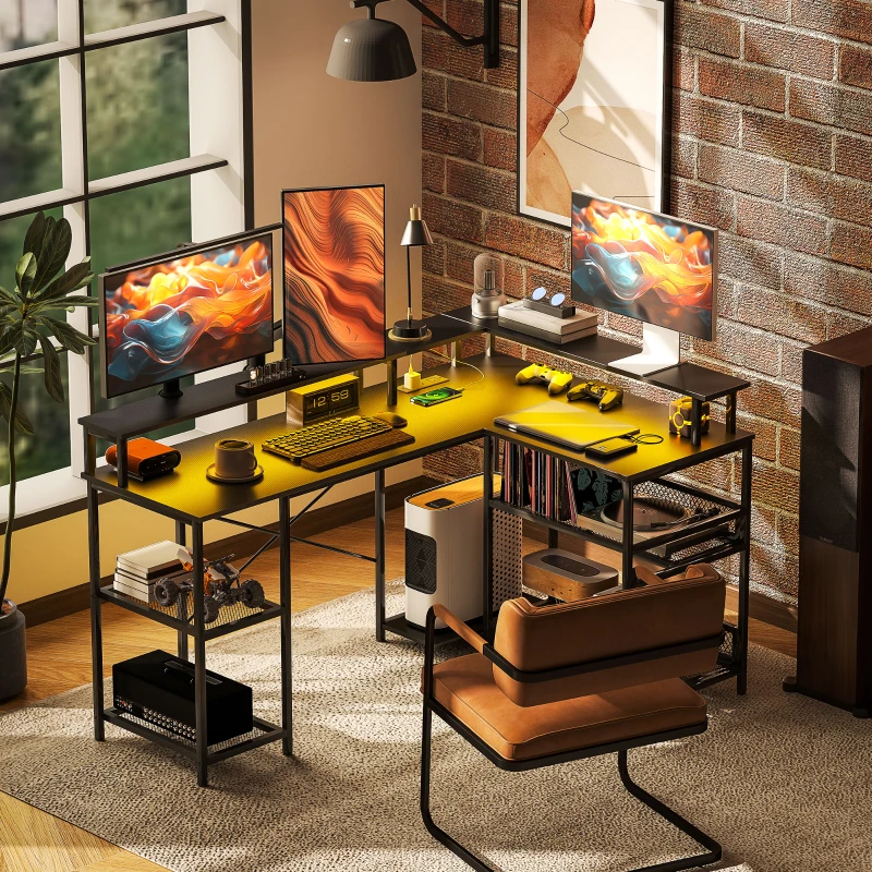 HOMCOM 59" L Shaped Desk with Storage, Corner Desk with LED Lights and Power Outlets for Home Office, Small Space, Black