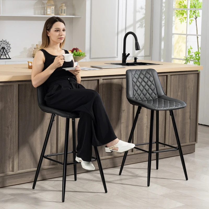 HOMCOM PU Leather Counter Height Bar Chairs Set of 2, 27.75" Bar Stools with Metal Legs for Dining Area, Kitchen Island, Black