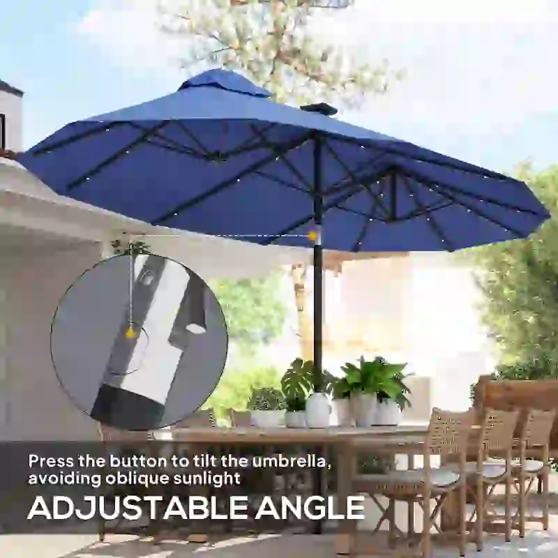 Outsunny Double-sided Patio Umbrella, 9.7' Outdoor Umbrella with Tilt and Crank, LED Solar Light and 12 Ribs, Navy Blue