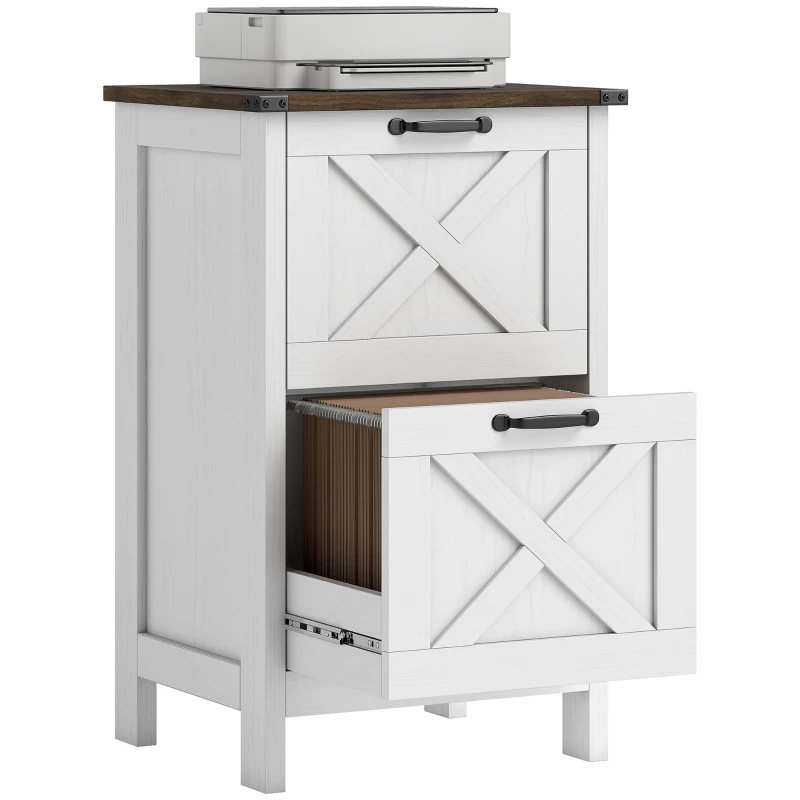 HOMCOM Vertical File Cabinet with 2 Drawers, Rustic Farmhouse Office Storage Cabinet for A4, Letter Size, Distressed White
