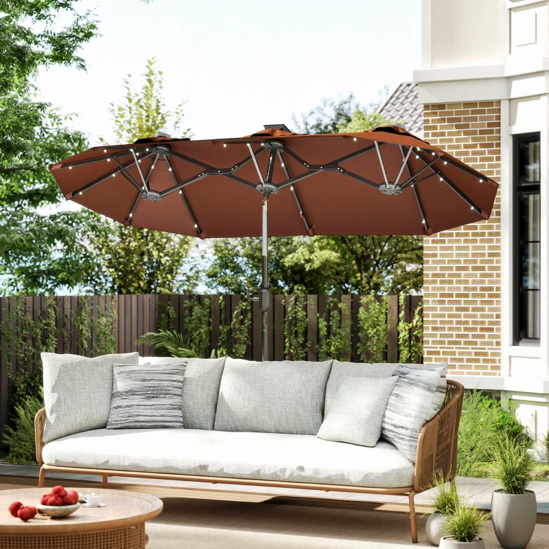 Outsunny Double-sided Outdoor Patio Umbrella with Solar Lights and Base, Dining Table Umbrella Push Button Tilt, Coffee