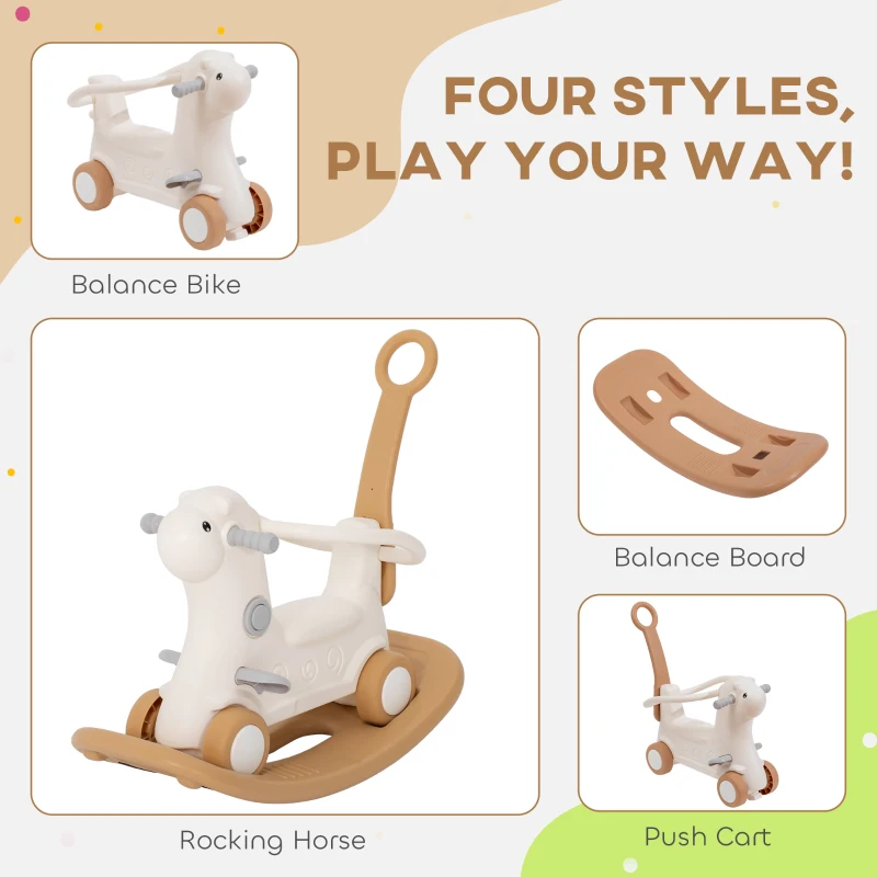 Qaba Rocking Horse for Toddlers 2-5 Years, 4-in-1 Baby Rocking Horse with Detachable Balance Board and Push Handle, Brown