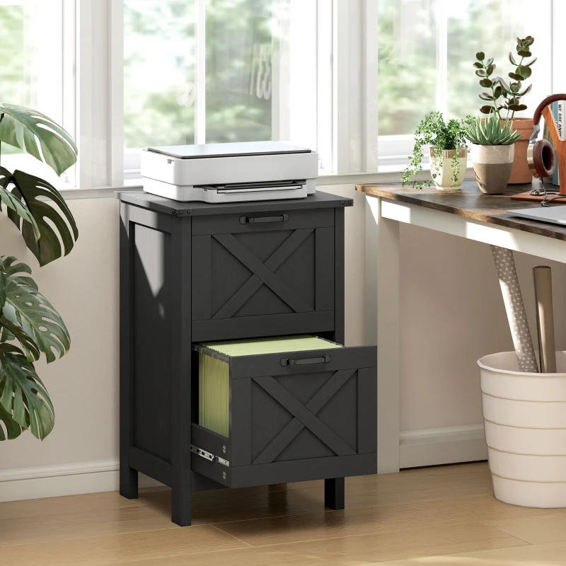 HOMCOM Vertical File Cabinet with 2 Drawers, Rustic Farmhouse Office Storage Cabinet for A4, Letter Size, Distressed Black