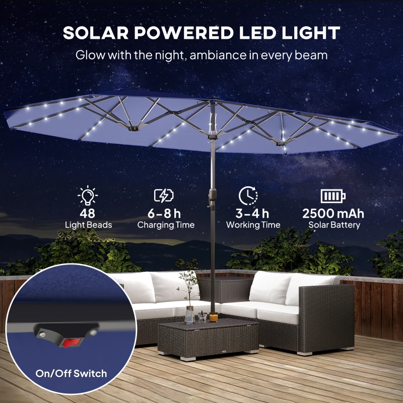 Outsunny Garden Parasol, Double-Sided Sun Umbrella with LED Solar Lights, Patio Parasol for Outdoor, Navy Blue