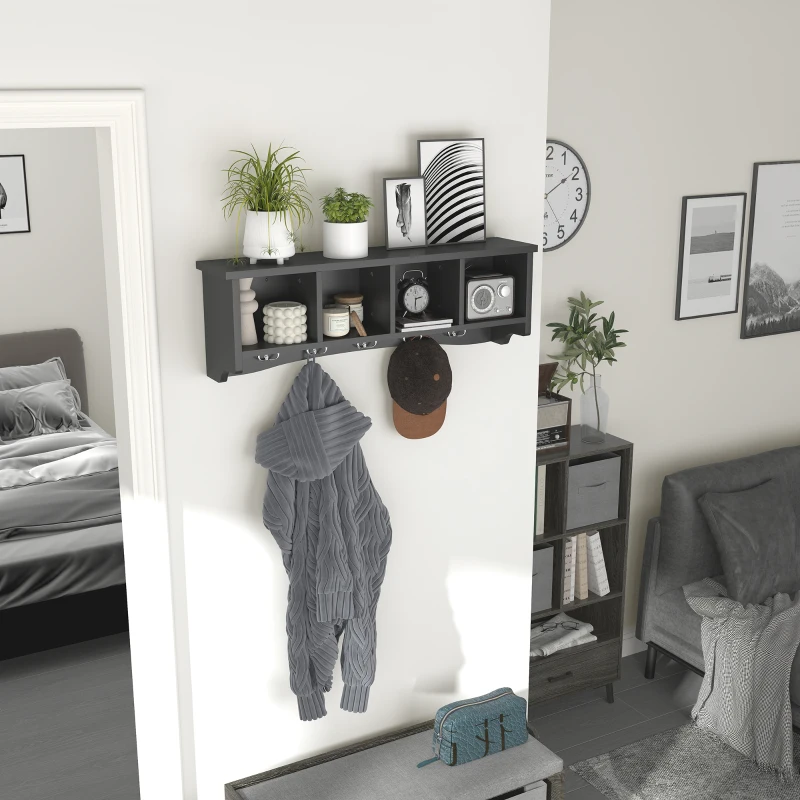 HOMCOM Coat Rack Wall Mount with Shelf, 28" Wall Coat Rack with 5 Hooks and 4 Compartments for Living Room, Entryway, Black