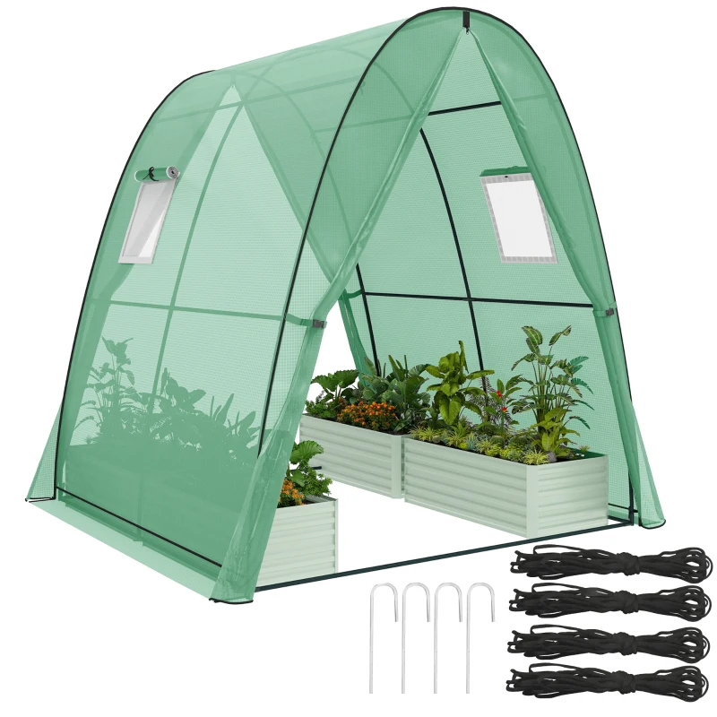 Outsunny Tunnel Hoop House Greenhouse with Sandbags and Hemmed PE Cover, 2 Doors and Screen Windows, 6' x 6' x 6.6', Green