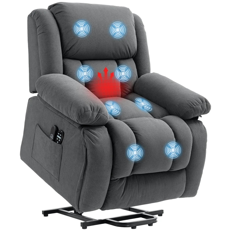 HOMCOM Overstuffed Power Lift Recliner Chair with Vibration Massage and Heat, Side Pockets, Pocket Spring, for Adults, Gray