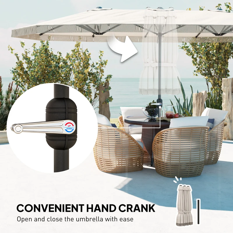 Outsunny 15ft Rectangle Patio Umbrella UPF30+ Extra Large Outdoor Umbrella with Fringe and Crank Handle, Cream White