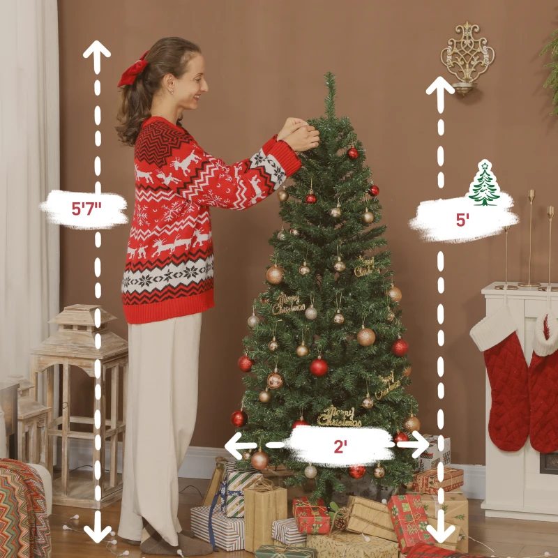 HOMCOM 5ft Artificial Christmas Tree with Colorful DIY Synchronized Lights, Remote, Hinged Slim Fir with Daily Timer
