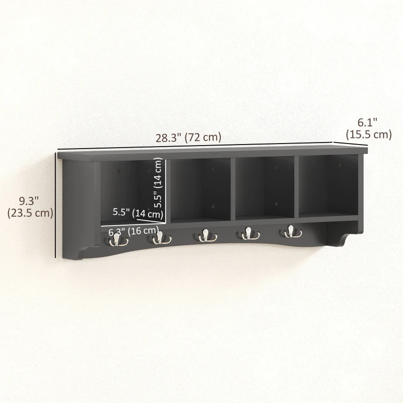 HOMCOM Coat Rack Wall Mount with Shelf, 28" Wall Coat Rack with 5 Hooks and 4 Compartments for Living Room, Entryway, Black