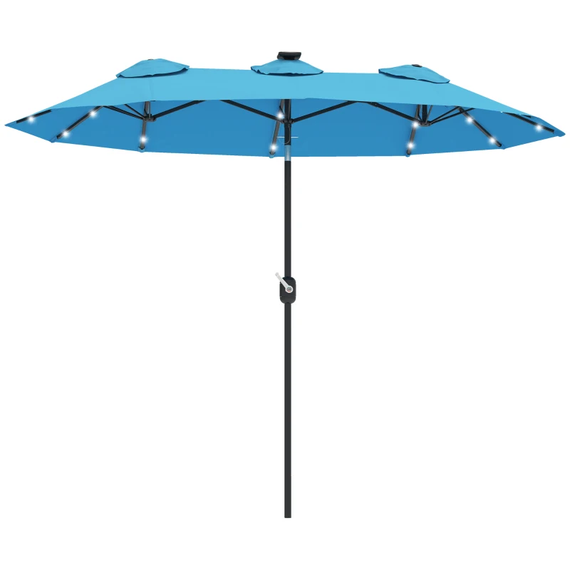 Outsunny Double-sided Patio Umbrella, 9.7' Outdoor Umbrella with Tilt and Crank, LED Solar Light and 12 Ribs, Light Blue