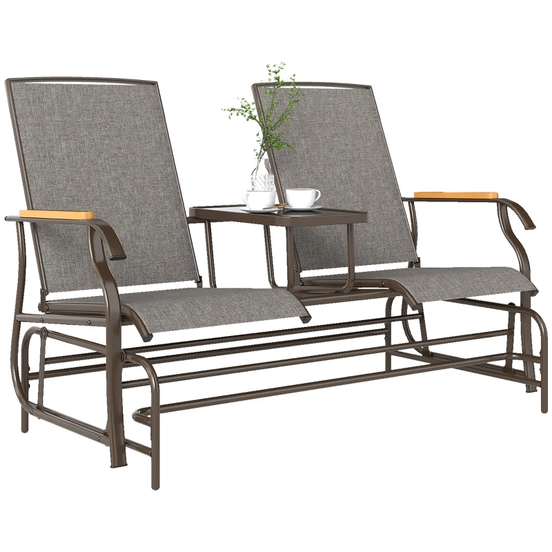 Outsunny Outdoor 2-Person Glider Bench, Outside Glider Swing Chair Loveseat with Table, Steel Frame, Light Mixed Brown