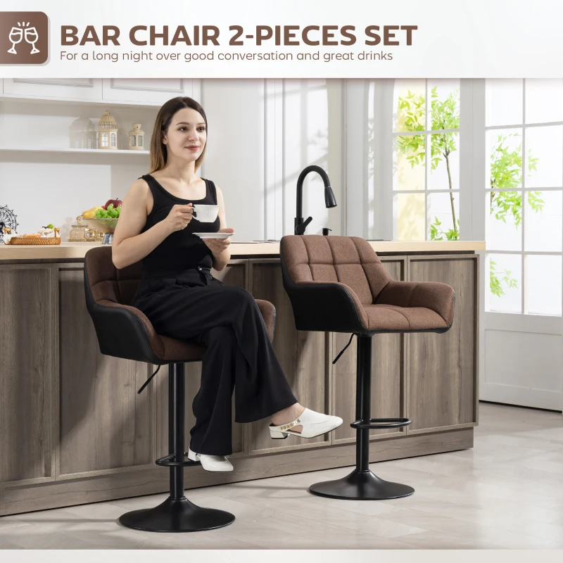 HOMCOM Swivel Barstools Set of 2 Adjustable Bar Stools with Footrest Armrests and PU Leather Back for Dining Room Brown