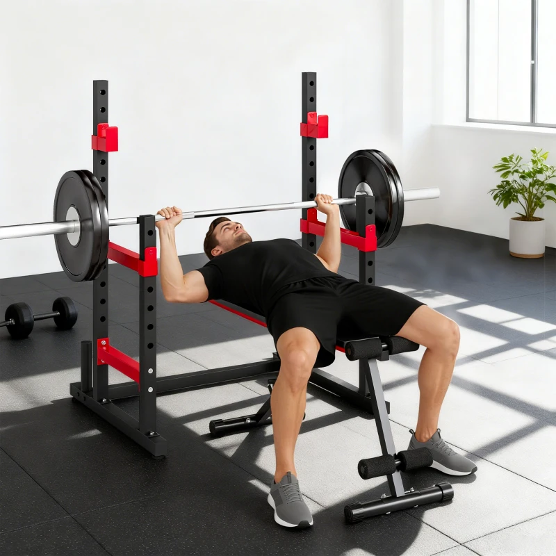 Soozier Adjustable Squat Rack, 660lbs Multi-Functional Bench Press Rack for Weight Lifting Home Gym Strength Training, Red