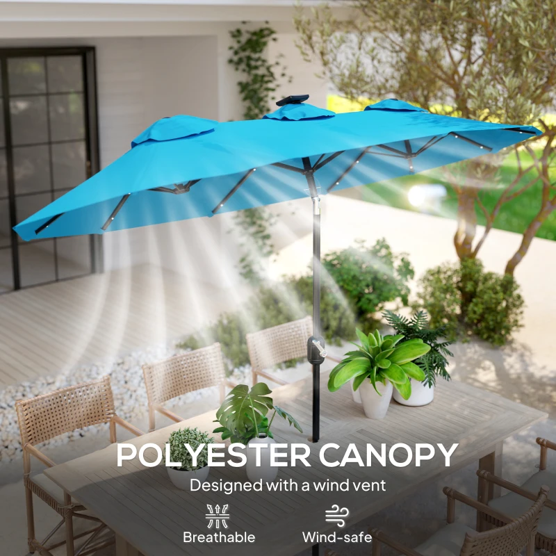 Outsunny Double-sided Patio Umbrella, 9.7' Outdoor Umbrella with Tilt and Crank, LED Solar Light and 12 Ribs, Light Blue