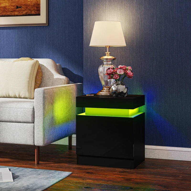 HOMCOM Nightstand Set of 2, End Side Tables with LED Lights, Bedside Tables with 2 Drawers, for Bedroom, Black