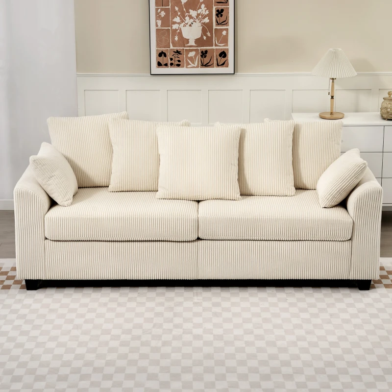 HOMCOM Corduroy Couch, 3 Seater Sofa, Modern Upholstered Couch with Curved Armrests and 8 Removable Pillows, Beige