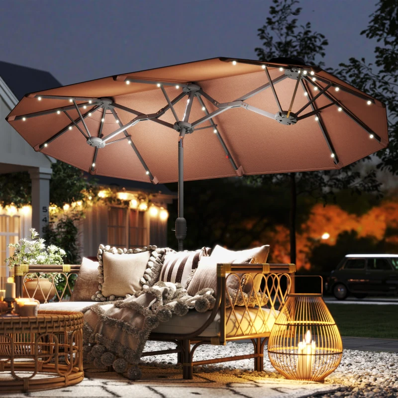 Outsunny Double-sided Outdoor Patio Umbrella with Solar Lights and Base, Dining Table Umbrella Push Button Tilt, Coffee