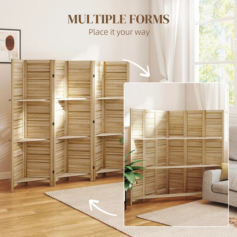 HOMCOM 6 Panel 67" Tall Wood Privacy Screen Room Divider with 3 Shelves and Folding Storage for Bedroom, Natural Wood