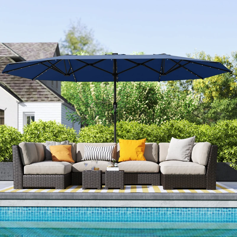 Outsunny Garden Parasol, Double-Sided Sun Umbrella with LED Solar Lights, Patio Parasol for Outdoor, Blue