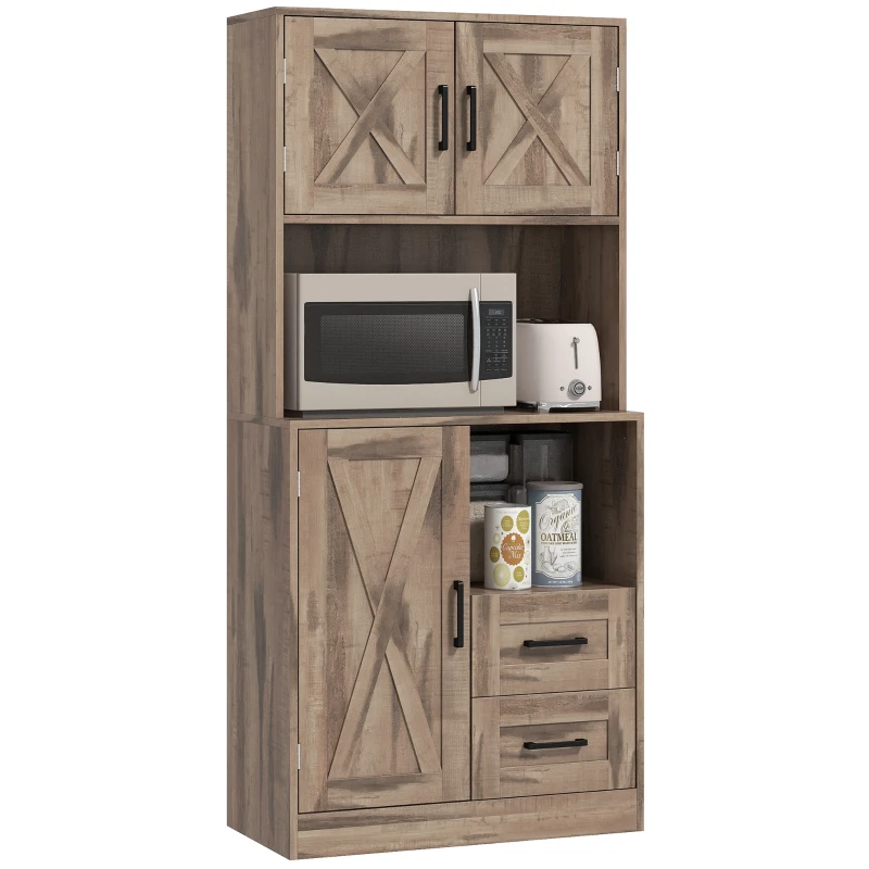 HOMCOM 60" Kitchen Pantry Storage Cabinet, Farmhouse Kitchen Hutch w/ Microwave Oven Countertop, Adjustable Shelves, Gray Wash