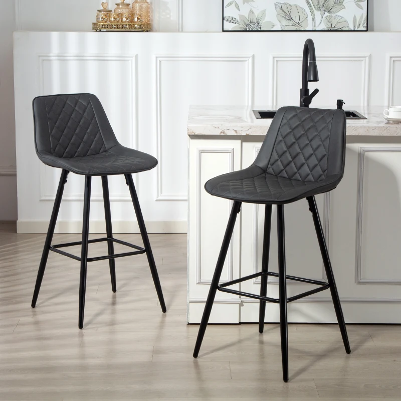 HOMCOM PU Leather Counter Height Bar Chairs Set of 2, 27.75" Bar Stools with Metal Legs for Dining Area, Kitchen Island, Black