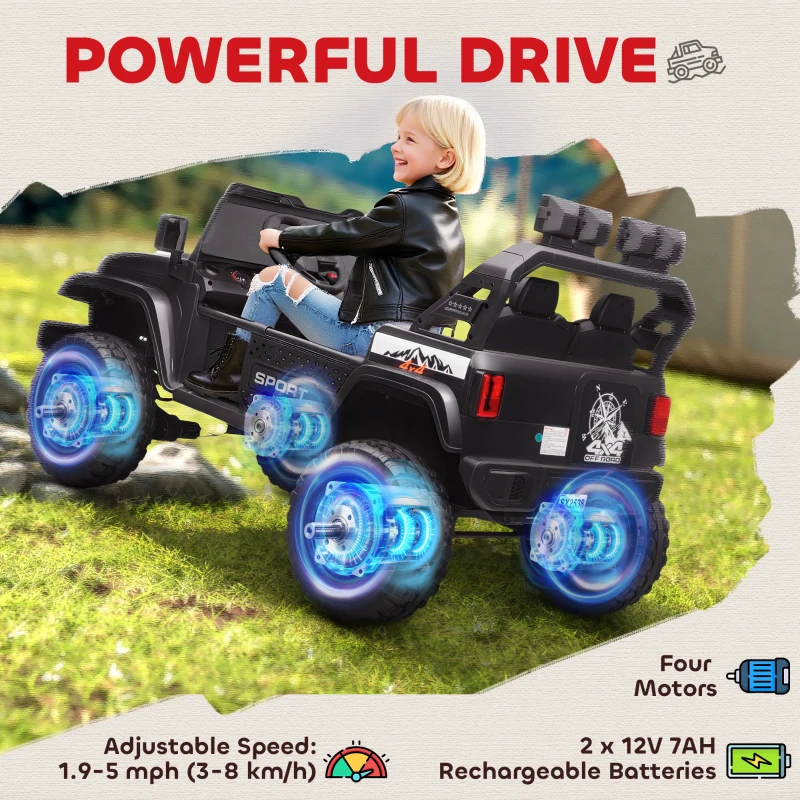 Qaba Ride on Truck Car with 2-Seater, 24V Electric Car with 4 Motors, Remote Control, Spring Suspension for 3-8 Years, Black