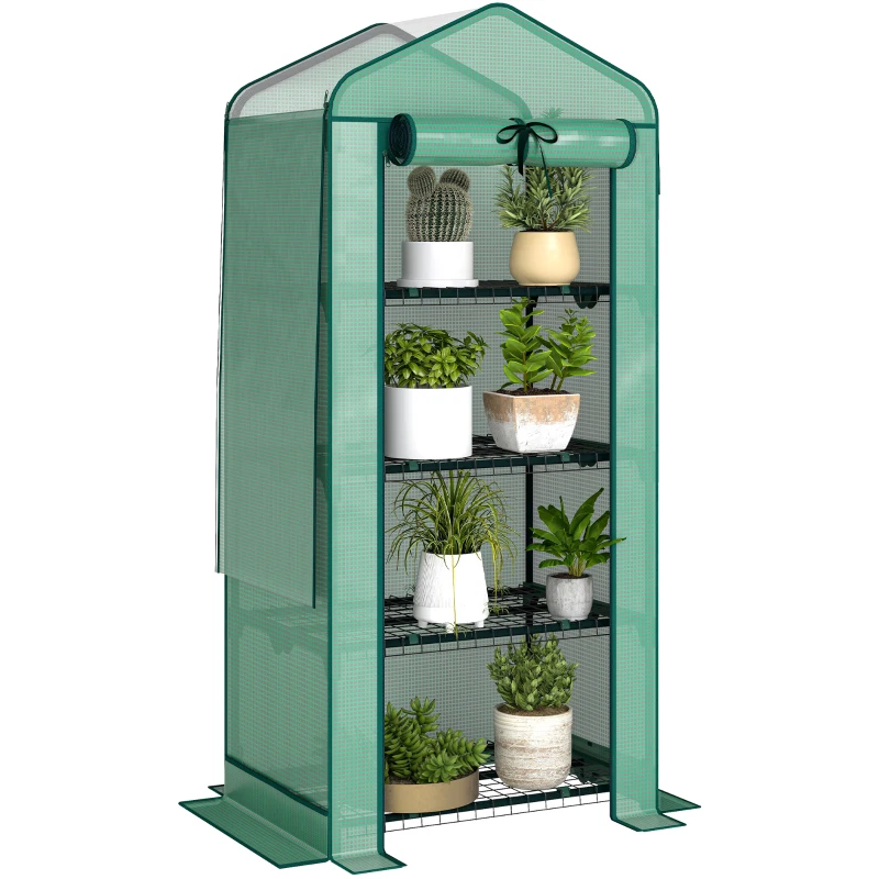 Outsunny Mini Greenhouse with Screen Roof, 4 Tier Portable Small Greenhouse with High Strength PE Cover, Green