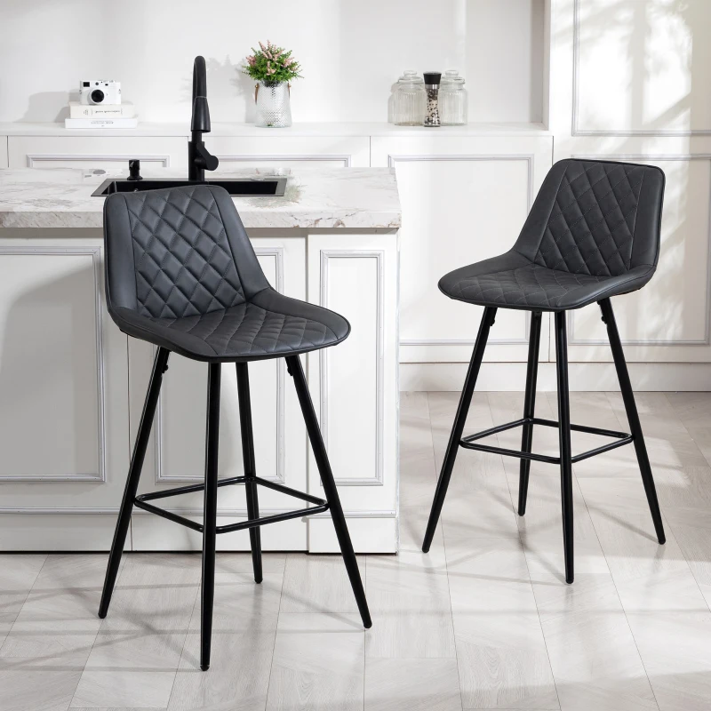 HOMCOM PU Leather Counter Height Bar Chairs Set of 2, 27.75" Bar Stools with Metal Legs for Dining Area, Kitchen Island, Black