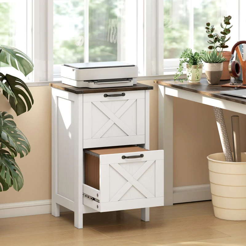 HOMCOM Vertical File Cabinet with 2 Drawers, Rustic Farmhouse Office Storage Cabinet for A4, Letter Size, Distressed White