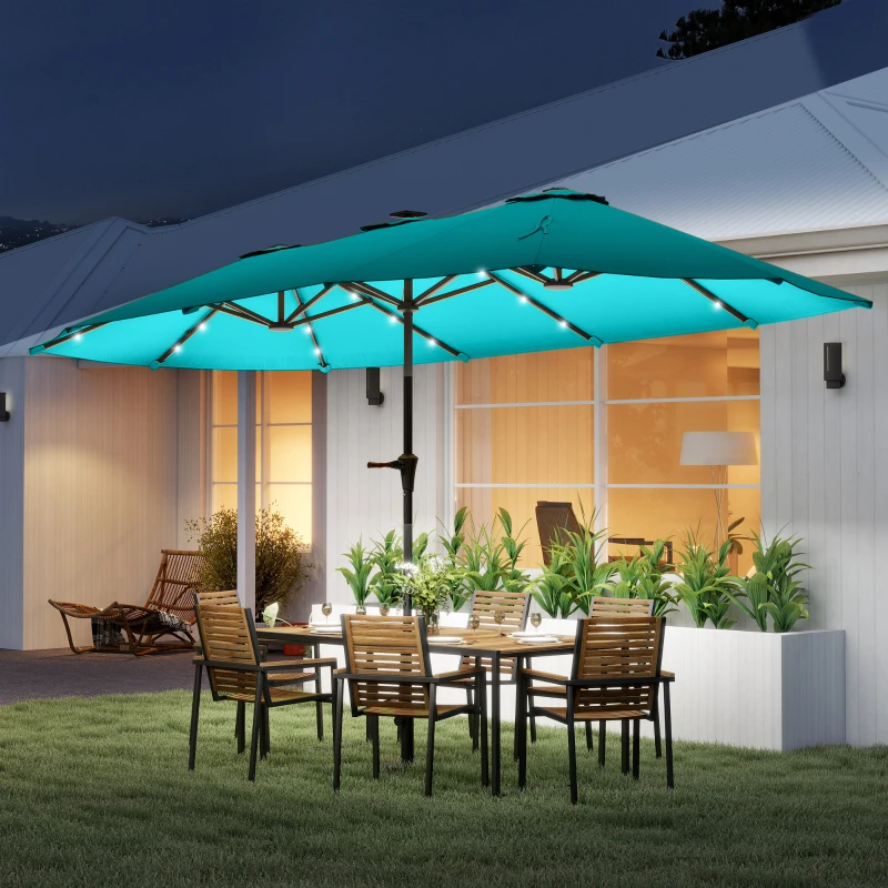 Outsunny 13ft Double-Sided Market Umbrella, Large Patio Umbrella with Solar Lights, Crank Handle for Garden, Pool, Yard, Blue