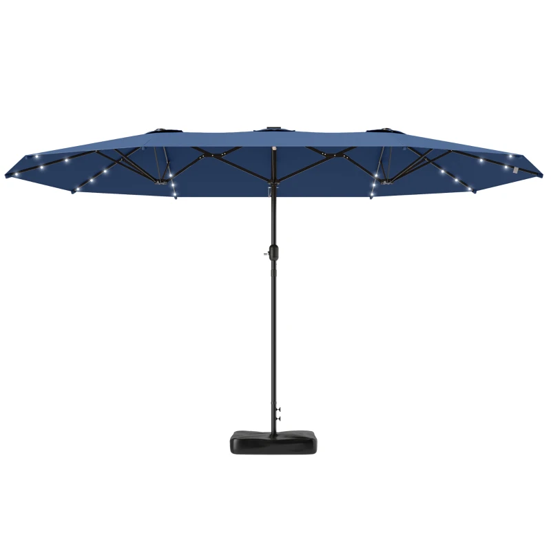 Outsunny Garden Parasol 14.4ft Double-Sided Sun Umbrella with Base, Patio Parasol with LED Solar Lights, Navy Blue