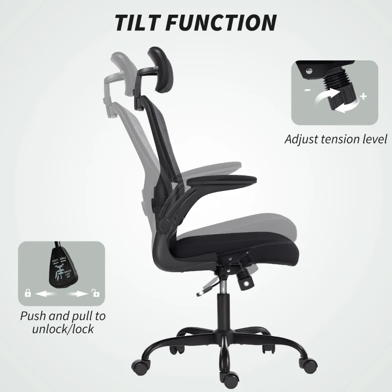 HOMCOM Ergonomic Office Chair, Mesh Desk Chair with Adjustable Headrest, Lumbar Support and Height, Flip-Up Armrests, Black