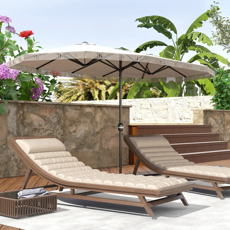 Outsunny 15ft Rectangle Patio Umbrella UPF30+ Extra Large Outdoor Umbrella with Fringe and Crank Handle, Cream White