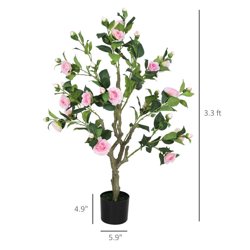 HOMCOM Set of 2 Decorative Artificial Plants, Camellia Flowers in Pots, Fakes Plant for Home Indoor Decor, 39 inch, Pink