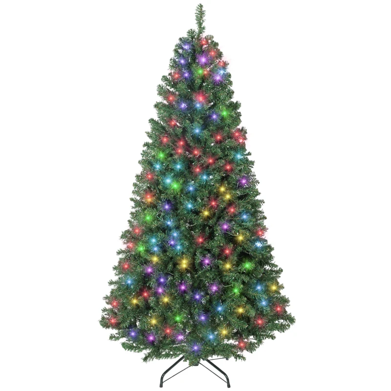 HOMCOM 6ft Prelit Christmas Tree with RGB Dynamic LEDs, Remote Control, Daily Timer, Hinged Xmas Tree, Easy Assembly