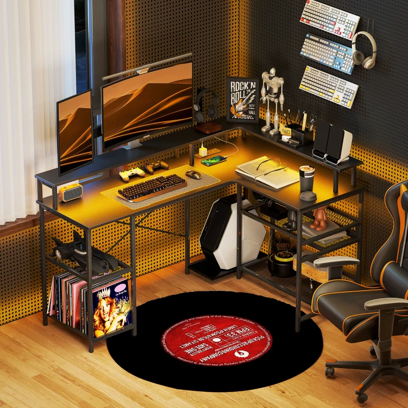 HOMCOM 59" L Shaped Desk with Storage, Corner Desk with LED Lights and Power Outlets for Home Office, Small Space, Black