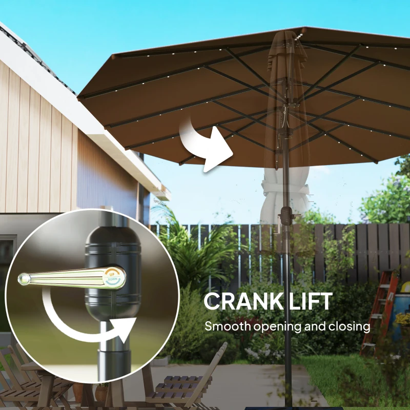 Outsunny Garden Parasol, Double-Sided Sun Umbrella with LED Solar Lights, Patio Parasol for Outdoor, Coffee