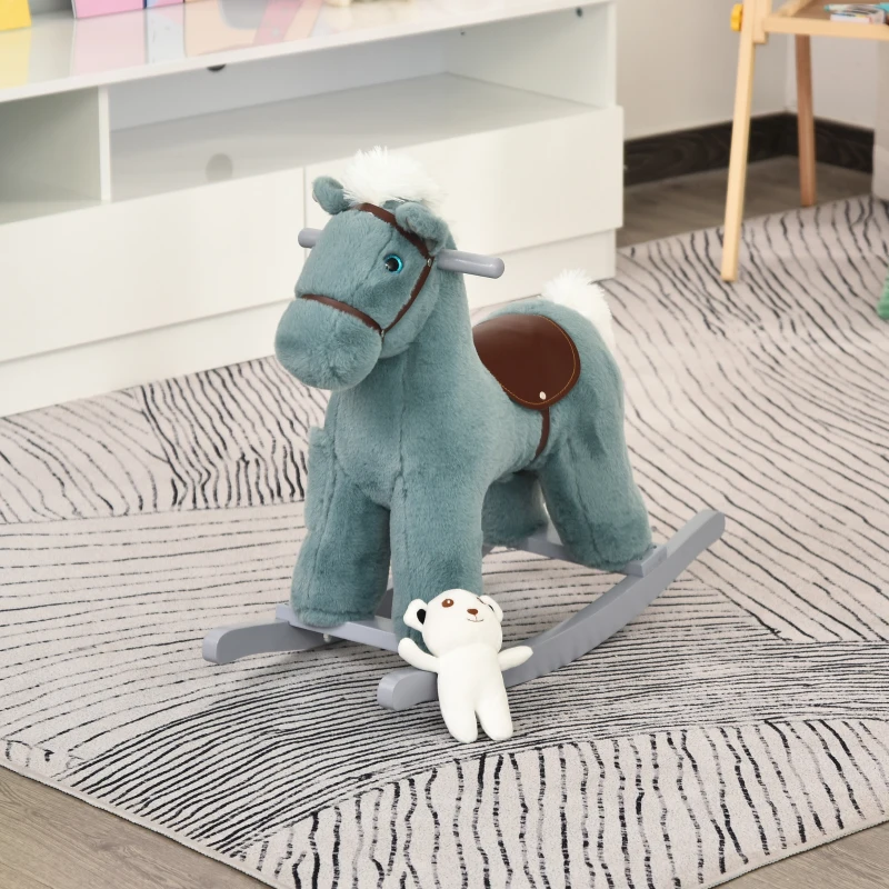 Qaba Kids Rocking Horse Plush Animal on Wooden Rockers with Sounds, Wooden Base and Bear Toy Baby Rocking Chair Blue