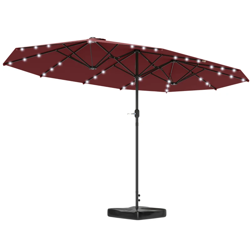 Outsunny Garden Parasol 14.4ft Double-Sided Sun Umbrella with Base, Patio Parasol with LED Solar Lights, Wine Red