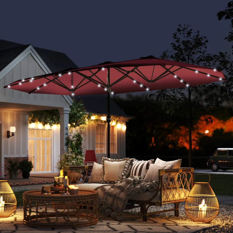 Outsunny Garden Parasol 14.4ft Double-Sided Sun Umbrella with Base, Patio Parasol with LED Solar Lights, Wine Red