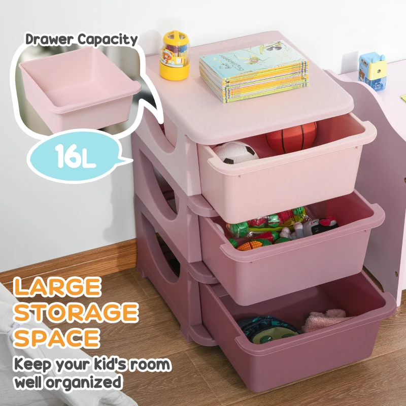 Qaba 3 Tier Kids Storage Unit, 3 Drawer Chest Toy Organizer Plastic Bins for Kids Bedroom Nursery Kindergarten Living Room for Boys Girls Toddlers, Pink