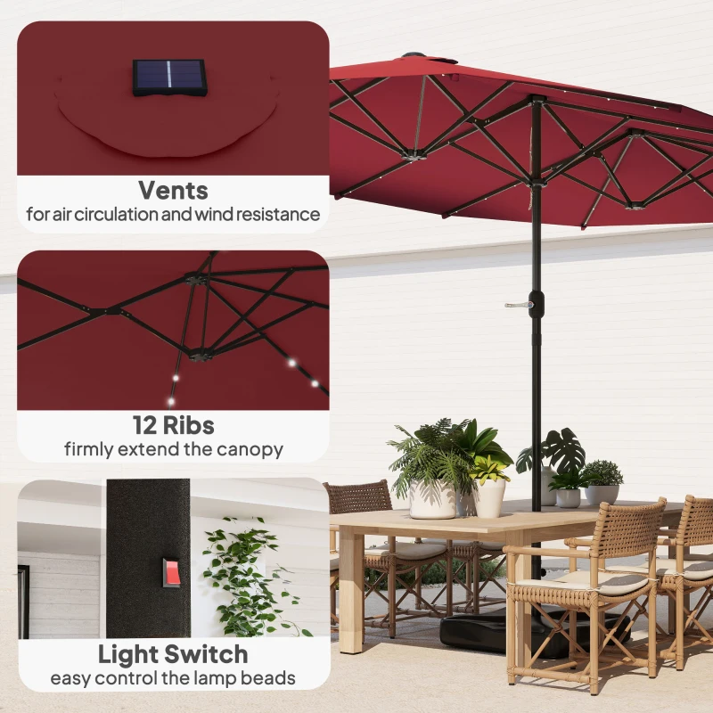 Outsunny Garden Parasol 14.4ft Double-Sided Sun Umbrella with Base, Patio Parasol with LED Solar Lights, Wine Red
