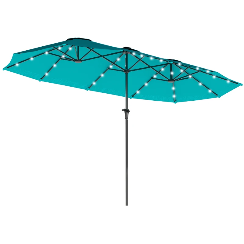 Outsunny 13ft Double-Sided Market Umbrella, Large Patio Umbrella with Solar Lights, Crank Handle for Garden, Pool, Yard, Blue