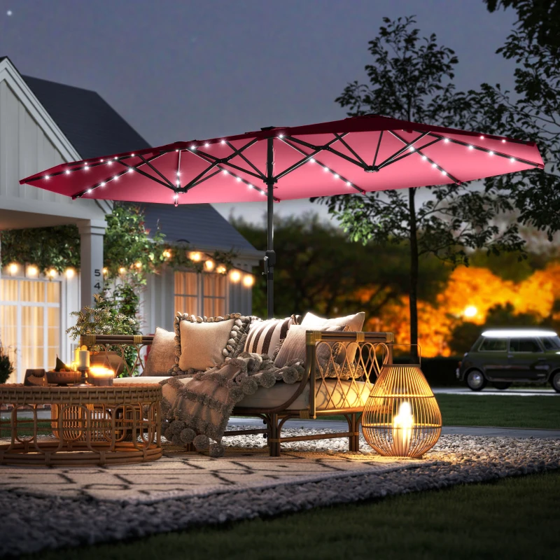 Outsunny Garden Parasol, Double-Sided Sun Umbrella with LED Solar Lights, Patio Parasol for Outdoor, Wine Red