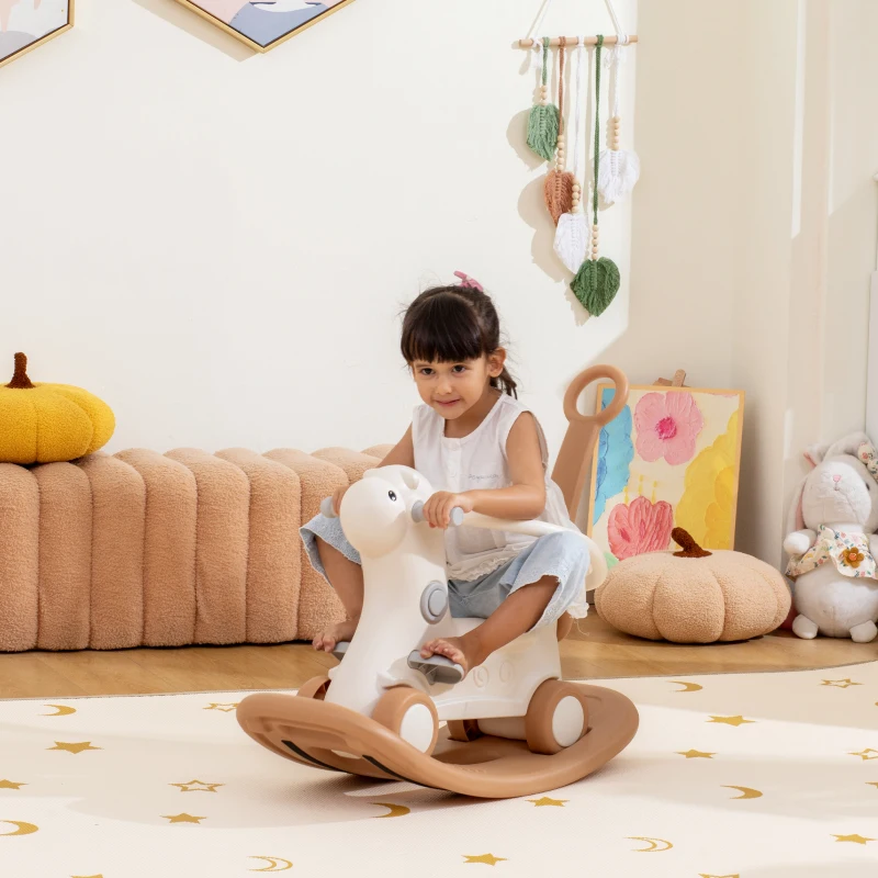 Qaba Rocking Horse for Toddlers 2-5 Years, 4-in-1 Baby Rocking Horse with Detachable Balance Board and Push Handle, Brown