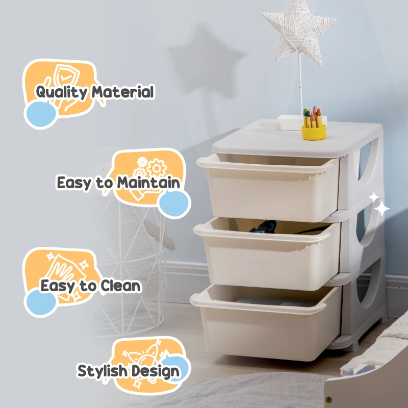 Qaba 3 Tier Kids Storage Unit, 3 Drawer Chest Toy Organizer Plastic Bins for Kids Bedroom Nursery Kindergarten Living Room for Boys Girls Toddlers, Cream White
